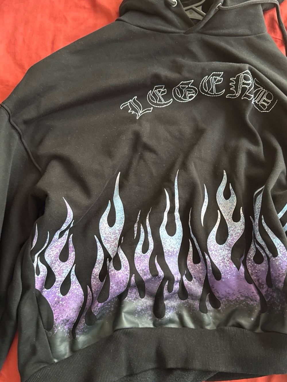 Fashion Nova Black Crewneck Hoodie with Purple Flame Graphic